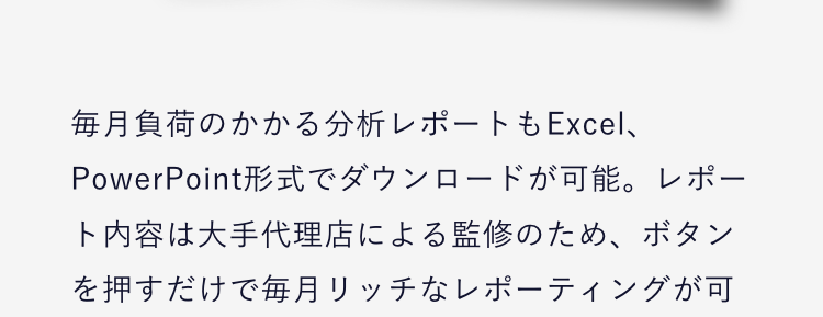 02
リッチなサマリーレポートは1Clickでダウンロード！
ご提供する主なデータ